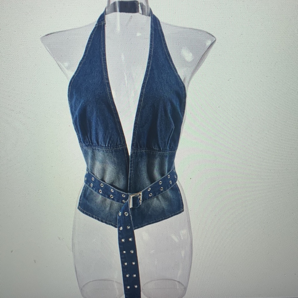Denim Halter Belted Top in Deep Blue - Picture 4 of 6